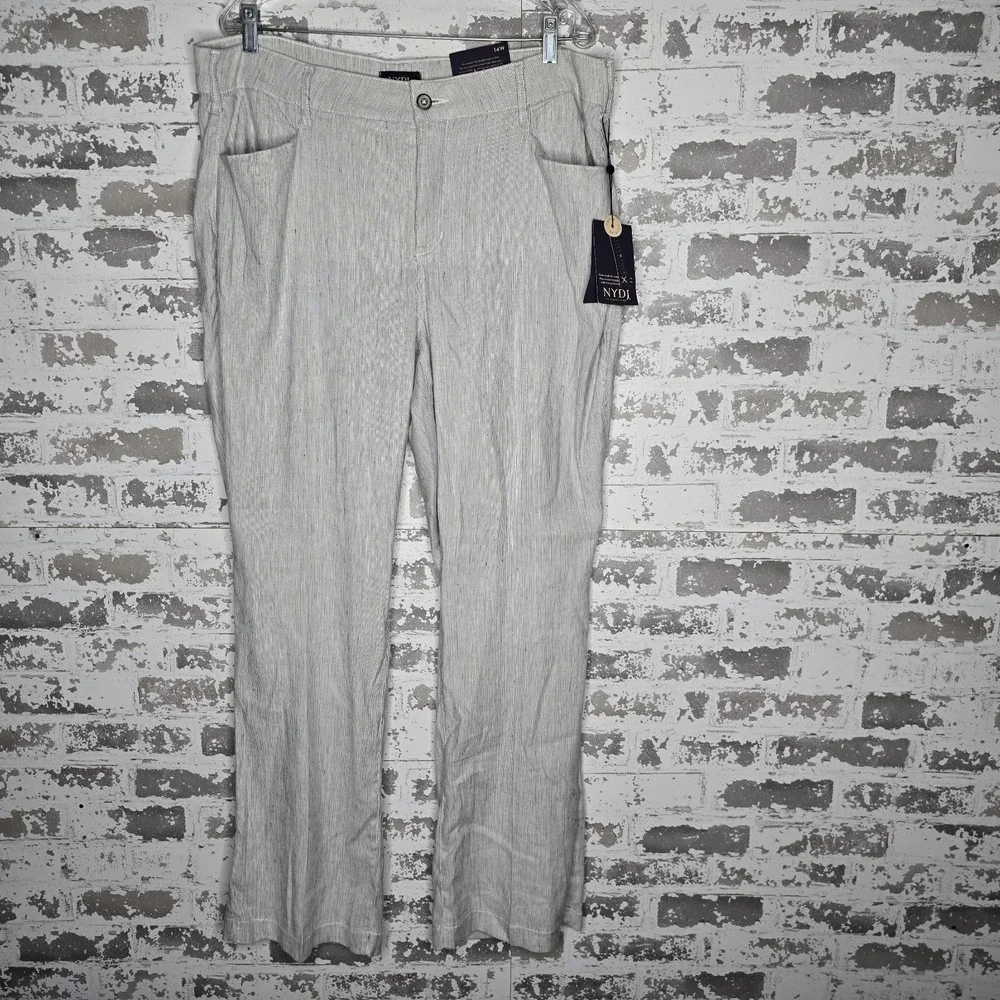NEW NYDJ Pants Womens 14W Light Gray The Trouser Stubby Stripe‎ Linen Blend